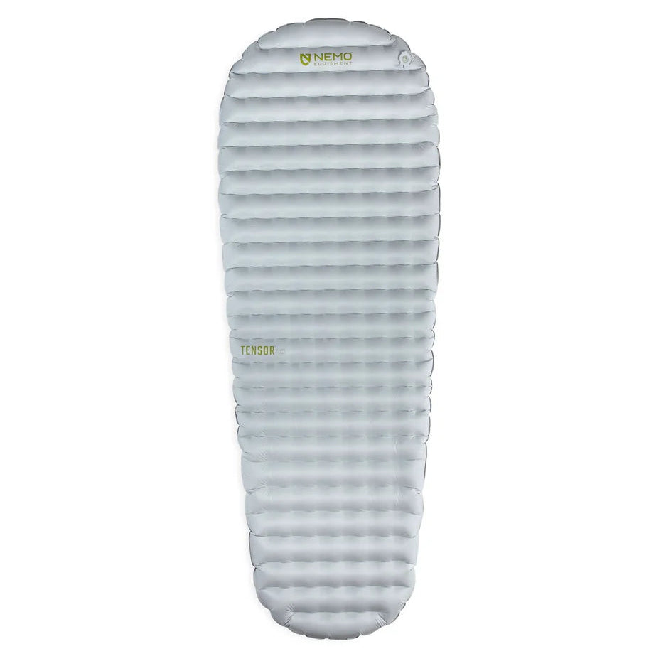 Nemo Tensor Elite Sleeping Pad is silver with a quilted top and tapers slightly toward the feet. 