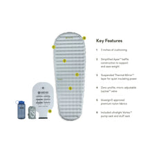 There are 6 key features of the Nemo Tensor Elite Sleeping Pad. It has 3 inches of cushion, includes a gray inflate sack, has baffled support to save weight. 