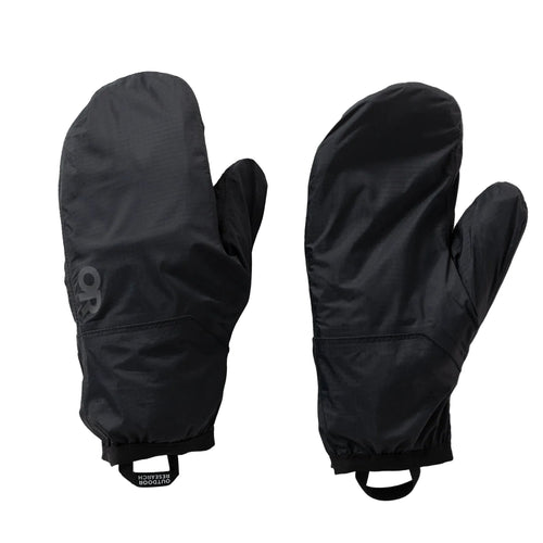 Outdoor Research Black Helium UL Rain Mitts with a pull on loop on a white background