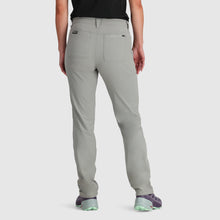 Back view of Outdoor Research Women's Ferrosi Hiking Pants in light gray with a zippered  back pocket on a white background