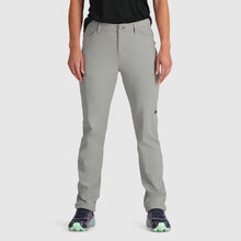 Front view of Outdoor Research Women's Ferrosi Hiking Pants in light gray with a zippered cargo pocket on the right leg