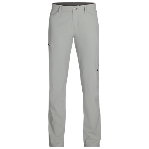 Outdoor Research Women's Ferrosi Hiking Pants in light gray with a zippered cargo pocket on the right leg