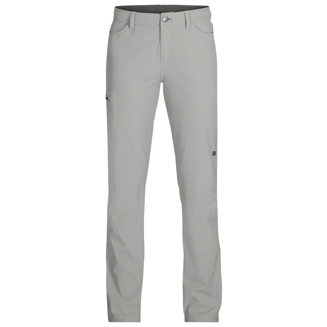 Outdoor Research Women's Ferrosi Hiking Pants in light gray with a zippered cargo pocket on the right leg
