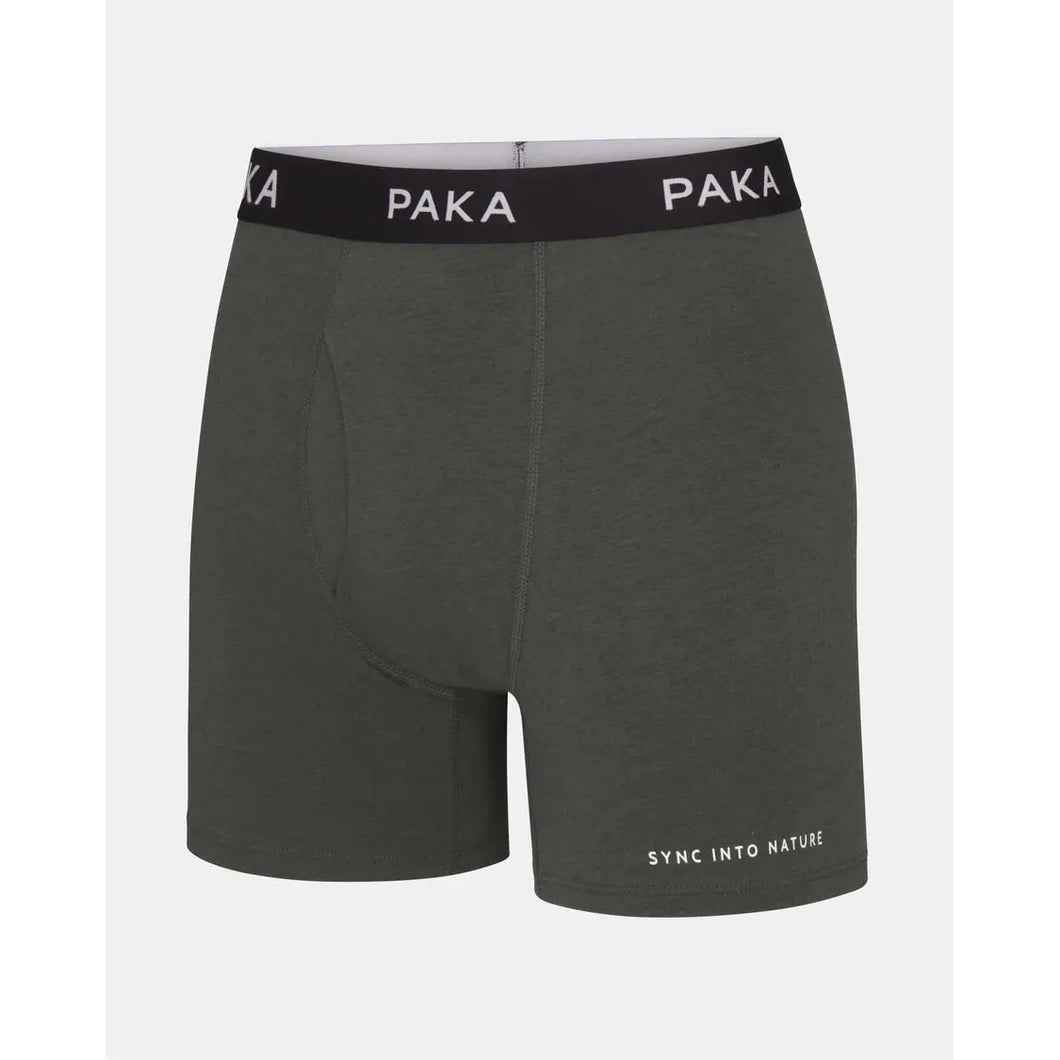 Paka Apparel Gray boxer briefs with black waistband featuring 'Paka' branding on a light gray background.