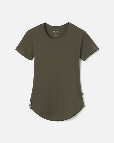 Paka Women's Essential Tee in Andean Moss Green on a white background
