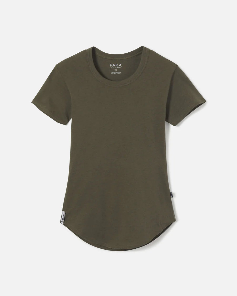 Paka Women's Essential Tee in Andean Moss Green on a white background