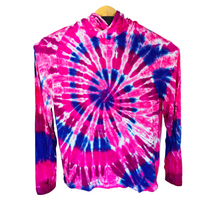 Bamboo sunhoodie with thumbholes shown with a pink purple and white spiral design on a white background