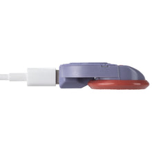side view of alpenglow gear backpacking pad inflator is purple and pale red and plugs into a usb-c for charging