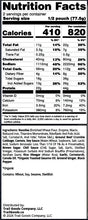 Nutrition facts label for Trail Goods Co Stir-Fried Beef Noodles with 410 calories and 22 grams of protein per serving and 820 calories and 44 grams of protein per bag