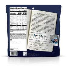 Trail Goods Co back of package for Stir-Fried Beef Noodles showing brand story, nutrition label, and ingredient list.
