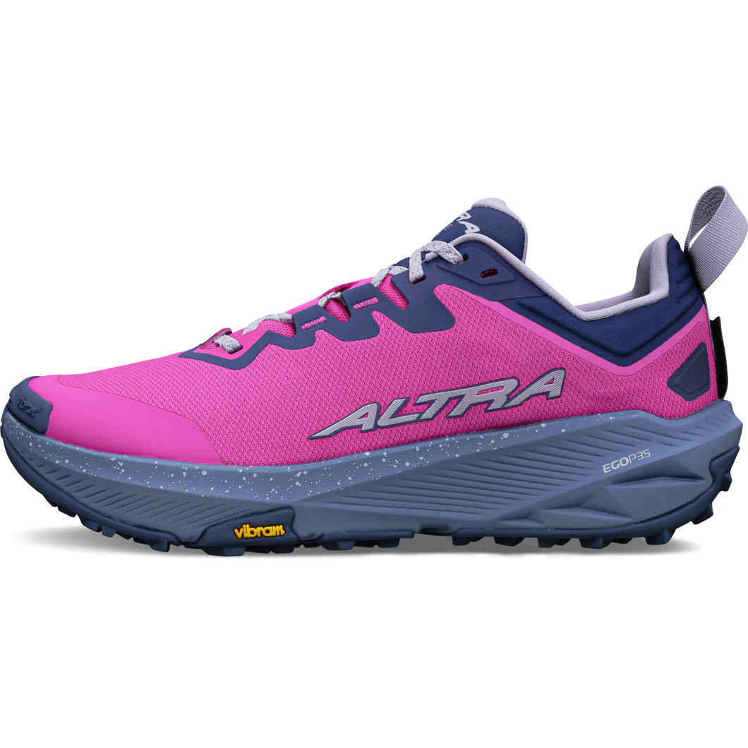 Pink and blue running shoe with 'Altra' branding on a white background