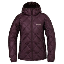 Maroon quilted Montbell Superior Down Parka with a hood on a white background