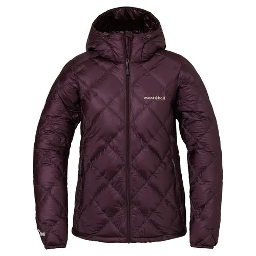 Maroon quilted Montbell Superior Down Parka with a hood on a white background